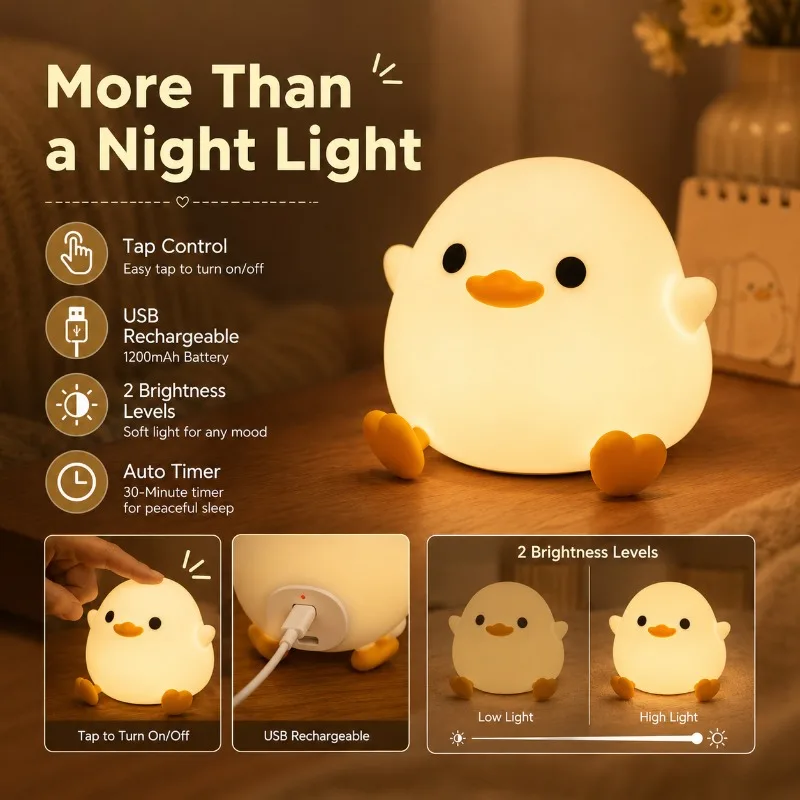 Cute Duck Night Light USB Rechargeable Silicone LED Tap Timer Baby Nursing Lamp for Kids Bedroom Nursery Gift Duck Night Light