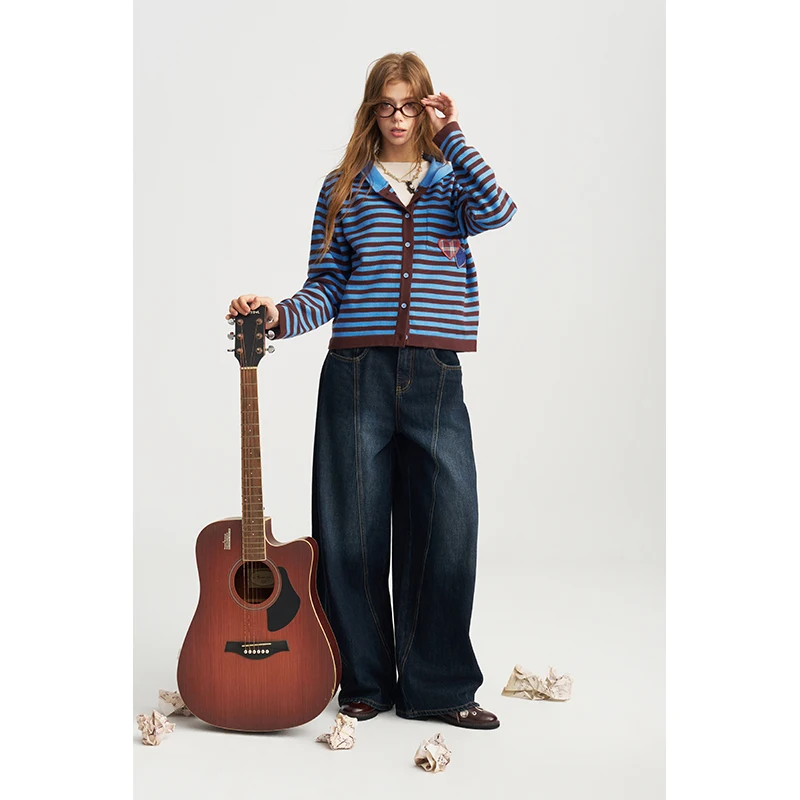 ELFSACK Women Hooded Knit Cardigan, Long‑Sleeve Striped Sweater with Heart Patch Casual Outfit