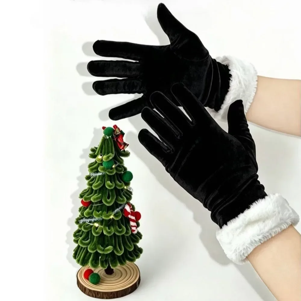 Santa Claus Gloves Women Velvet Faux Fur Cuff Christmas Warm Plush Trim Full Finger Soft Thick Festive Winter Holiday White