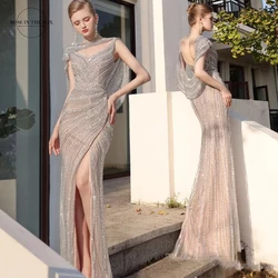 Luxury Heavy Beading Dubai Evening Dresses with Cape Elegant Mermaid Long Slit Formal Prom Gowns for Women Wedding Guest Party