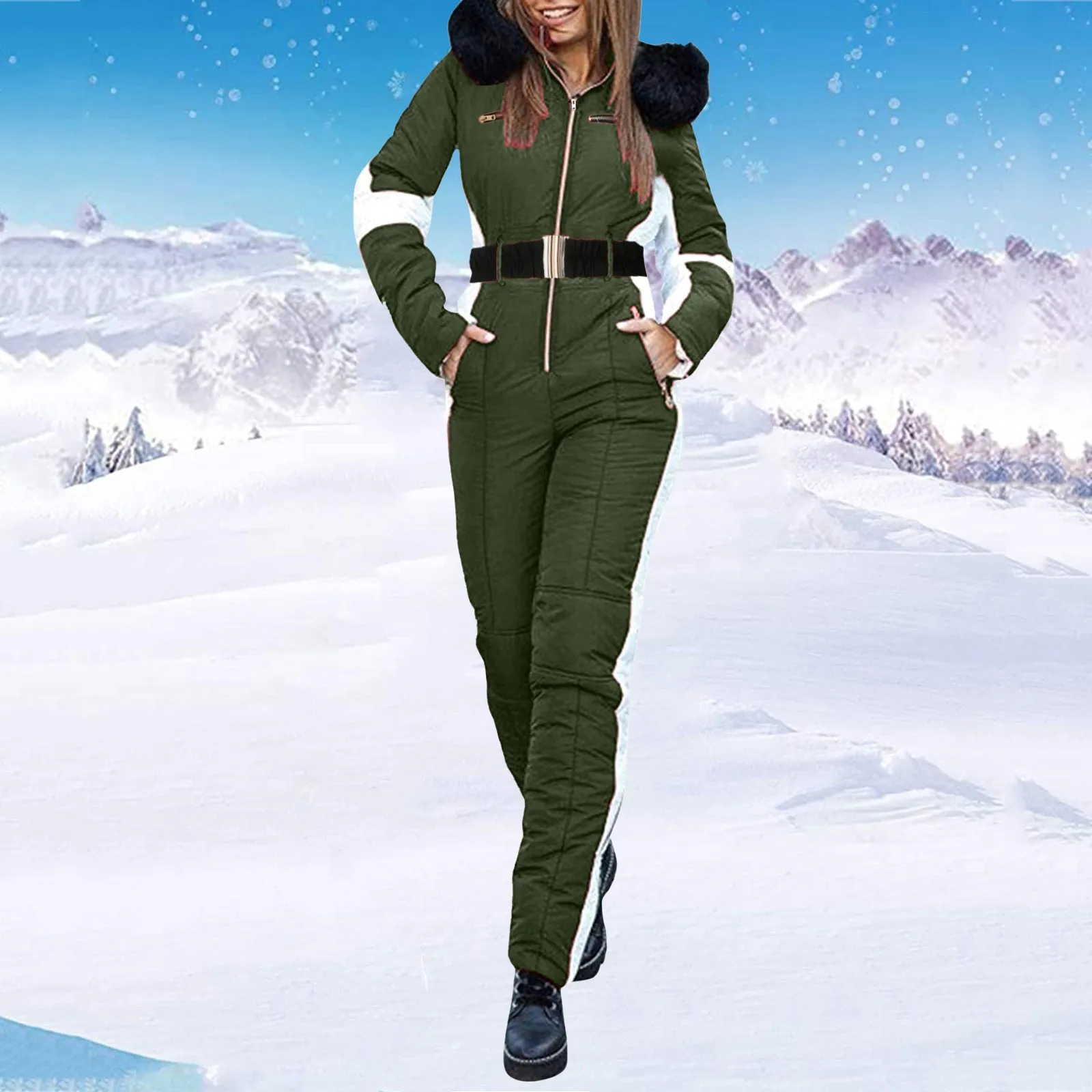 Hoodies Patchwork Jumpsuits For Women Winter Waterproof Windproof Skiing Overall Female Elegant High Waist Skateboard Tracksuits