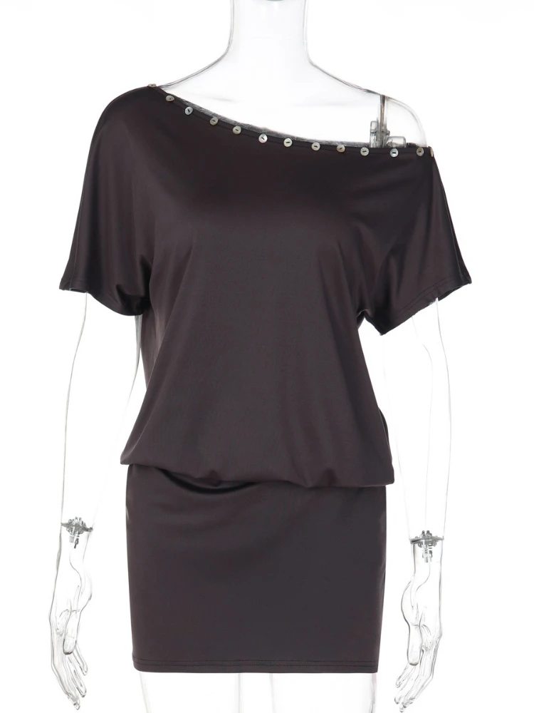 FDYOUI Damska Tunika z Asymetrycznym Kołnierzem i Guzikami, Krótka Sukienka-T-shirt, Odzież Uliczna na Wakacje, Krótkie Rękawy, Asymetryczne Sukienki na Imprezy i do Klubu