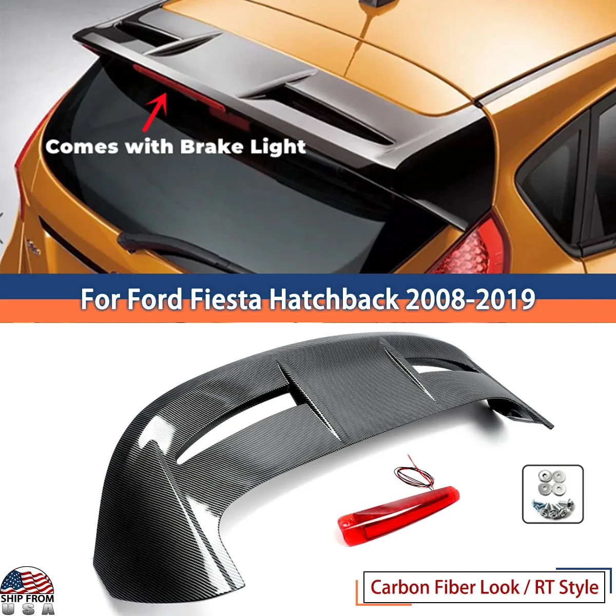 Ala posteriore per tetto posteriore effetto fibra di carbonio con luci a led per Ford Fiesta Mk7 MK7.5 2009-2018 Spoiler per tetto posteriore stile 'ST Look'