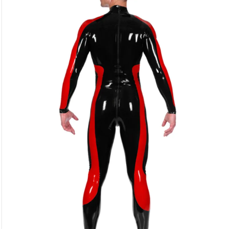 Catsuit de látex hecho a mano para hombre, traje fetiche con cremallera trasera, color negro y rojo, tamaño de goma de 0,4mm, XXS-XXL