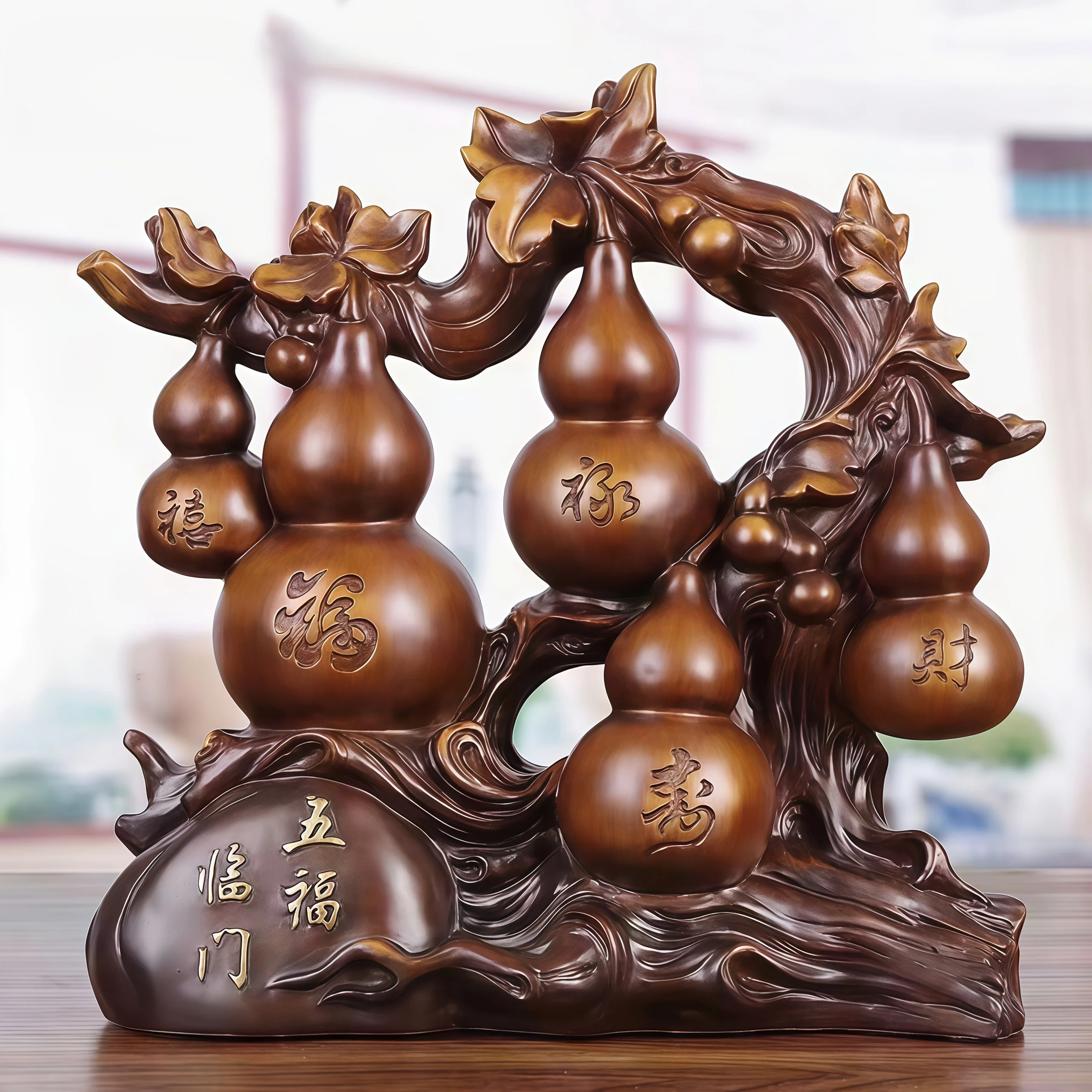 Chinese Traditional Five Blessings Resin Sculpture | Hanging Gourds on Vine, Wufu Linmen Home Decor for Good Fortune