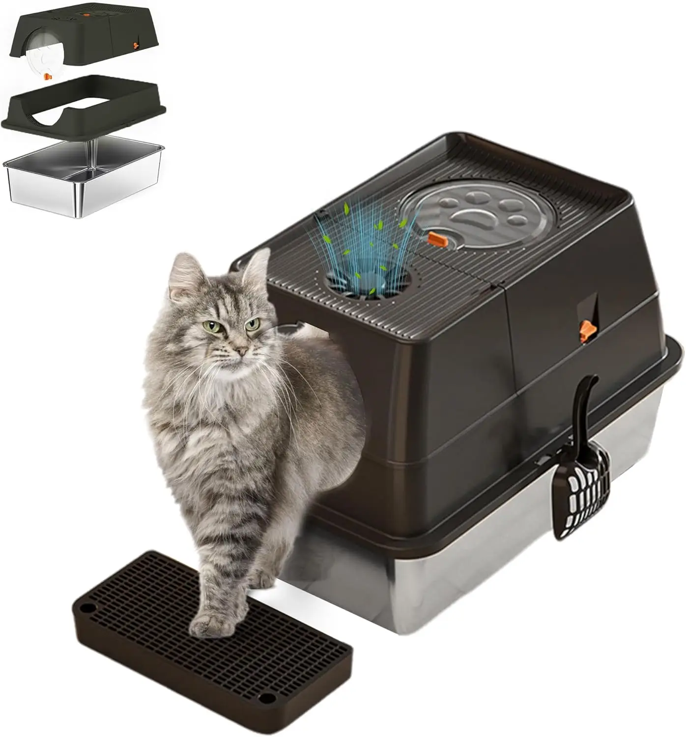 

Stainless Steel Enclosed Cat Litter Box with Lid, Metal Kitty Litter Box with Flip Cover, Removable Top and Litter Scooper,