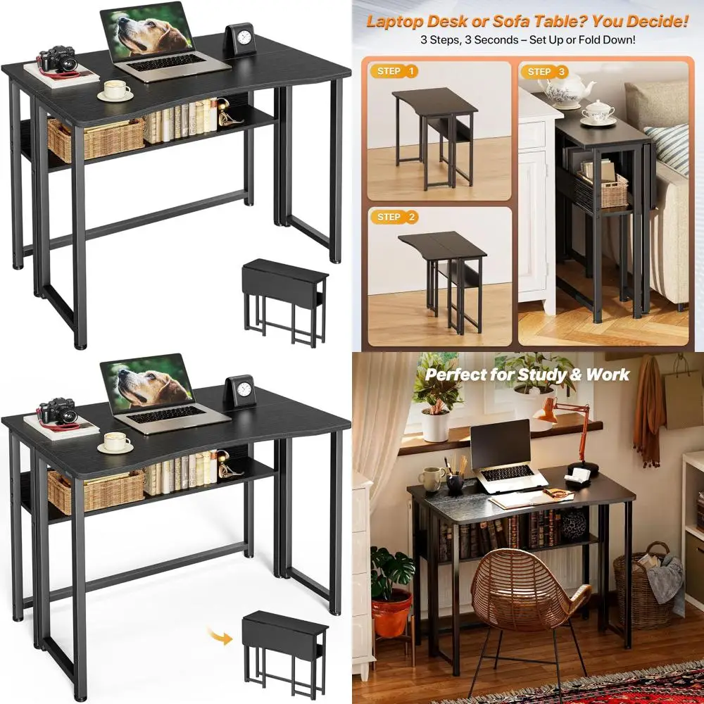 

Компактный складной стол 31,5 с местом для хранения вещей, портативный столик для ноутбука для небольших помещений, письменный стол со стороны дивана, простая сборка, черный