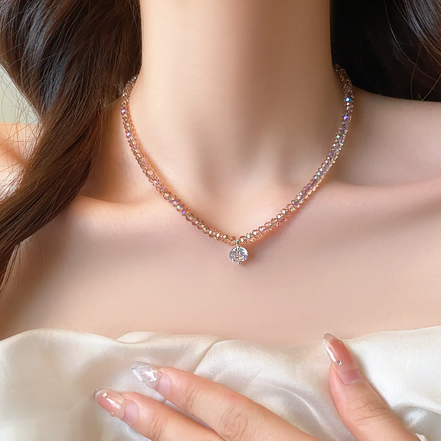 Romantic Pale Violet Faceted Tiny Beads Shiny Solitaire Droplet Choker Delicate French Vintage Collar Trendy Dating Jewelry New