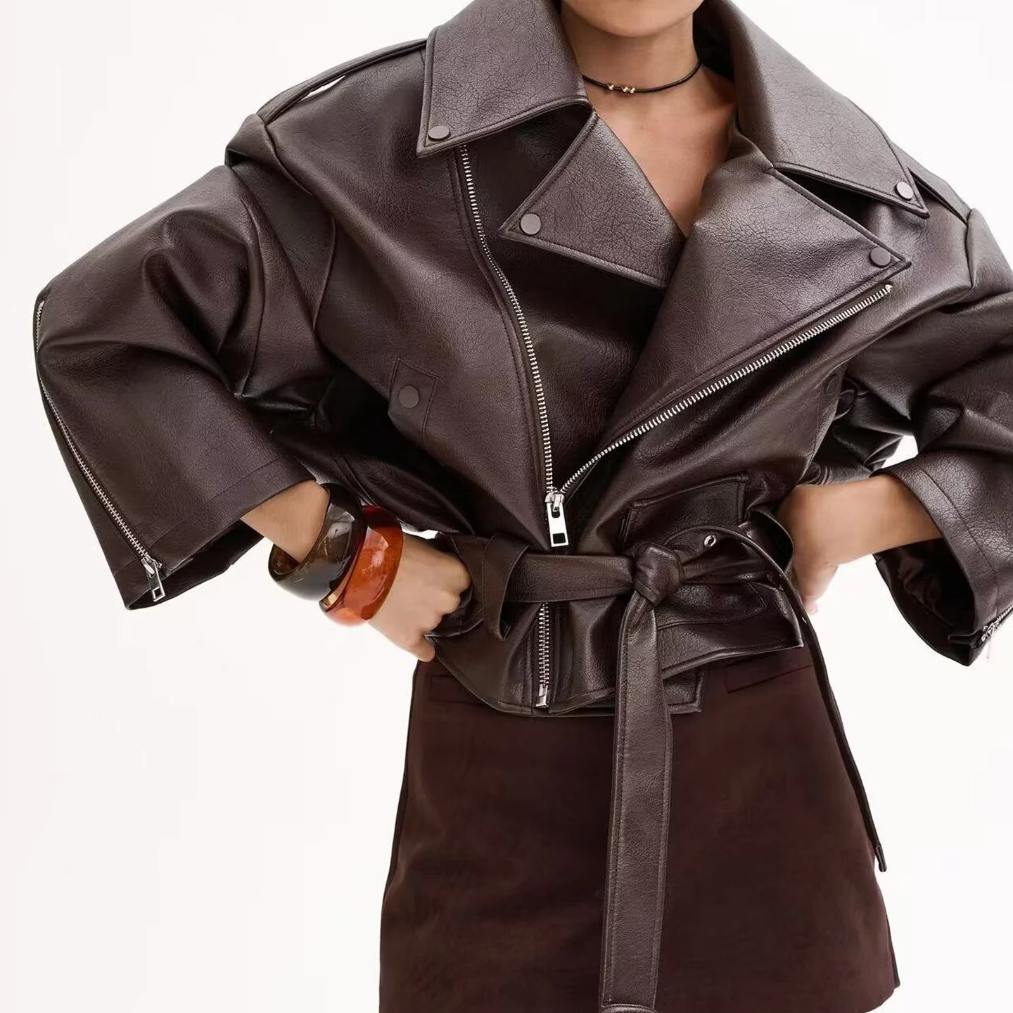 Ele ort Leather Jaet Women's Faion Vintage Sle Loose with Belt Autumn 2025 New Arrival Youth Casual Zipper