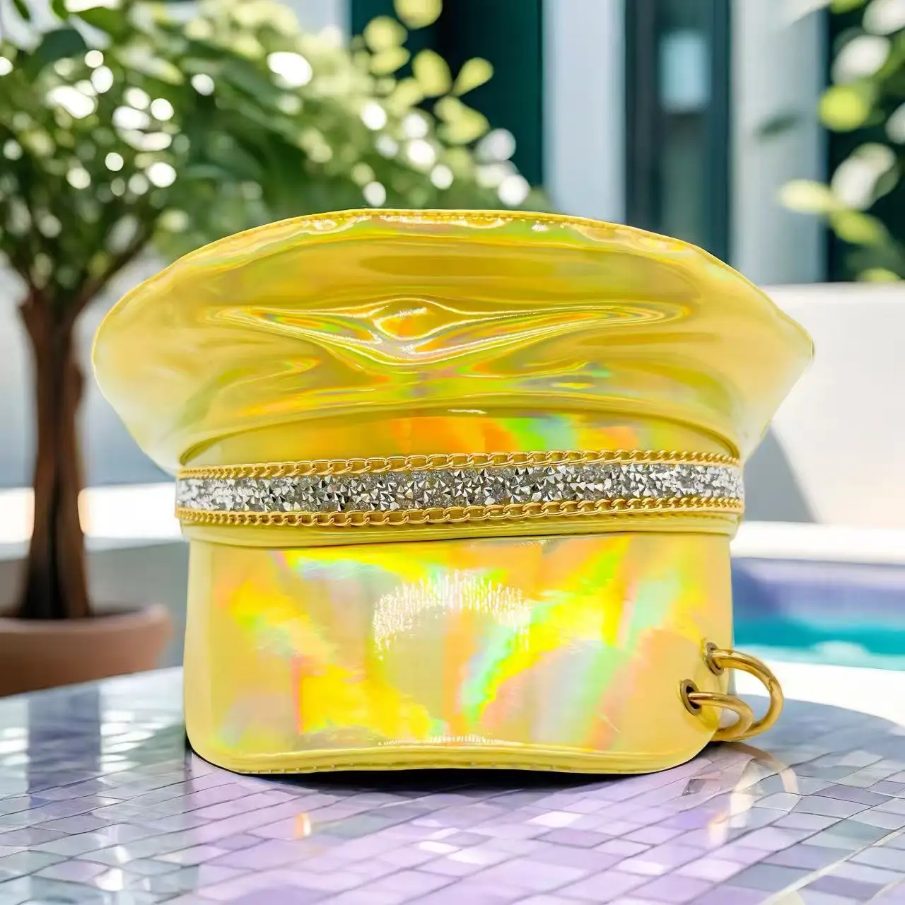 HongLuan  Laser Leather Captain Hat Rhinestone & Military Caps for Woman, Rave Festivals Accessories ＆ Party Cap Man Cosplay Fem