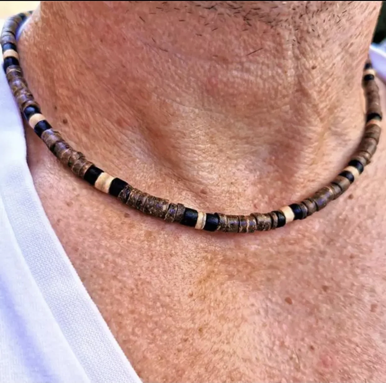 Men's Necklace Natural Coconut Beads White Natural Shell Black Stone Coconut Shell and Black Wooden Bead Surfer Necklace