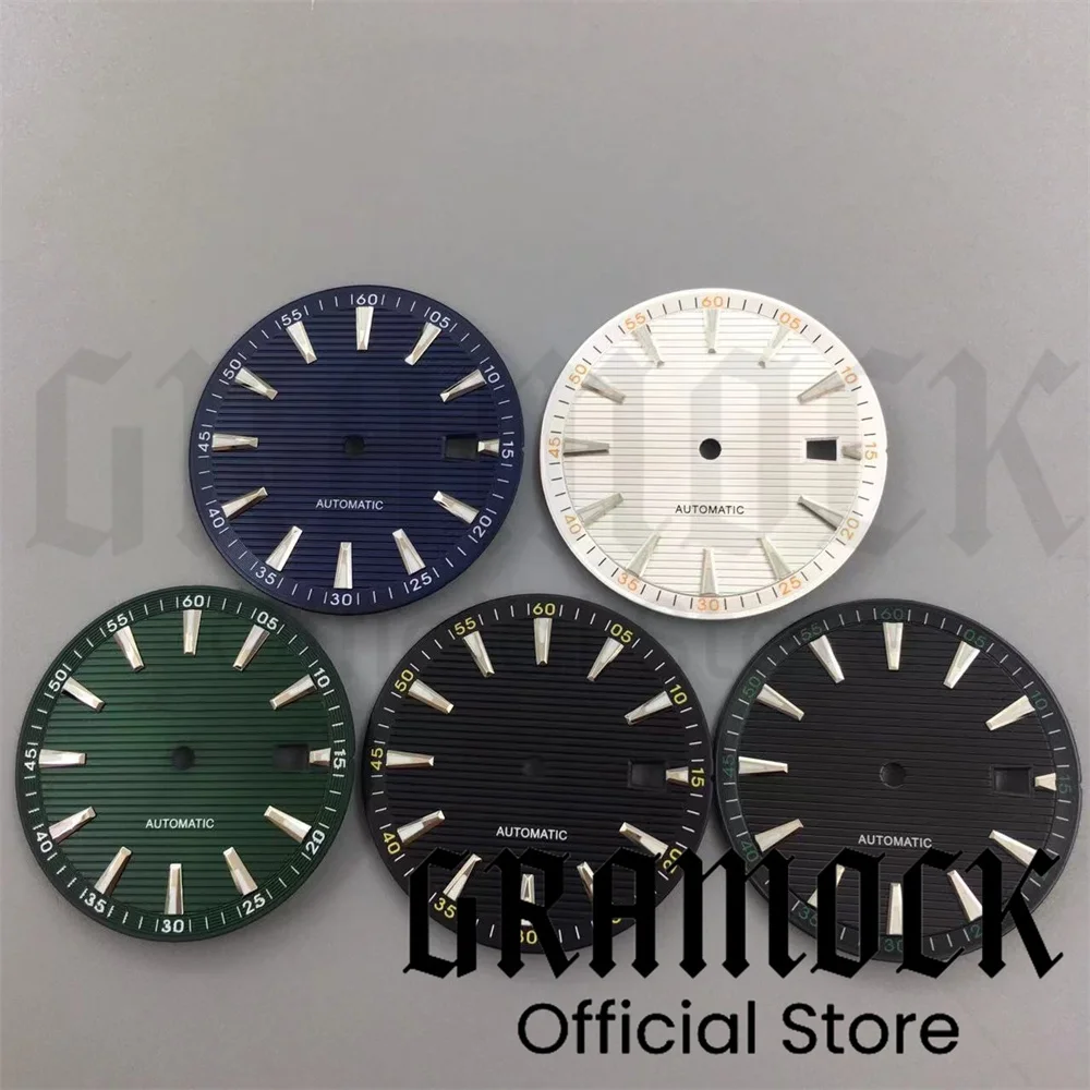 

Gramock New 33mm Black Blue Green White Watch Dial Green Luminous Suitable For NH35 Movement Date Window