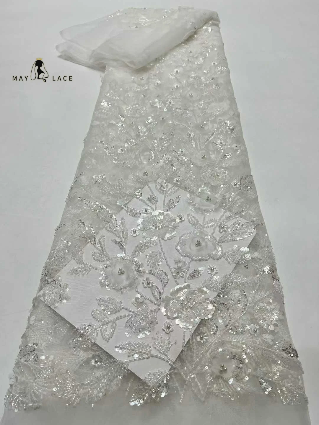 White Luxury African Beaded Lace Fabric 2026 Newest French Sequin Lace Fabric for Nigeria Women Party Evening Dress Sewing Gowns