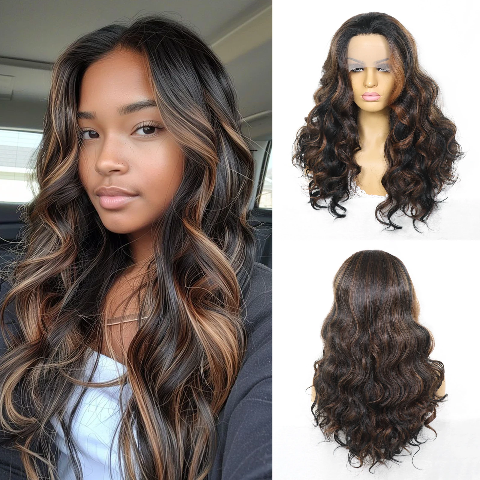 

26 Inch Deep Brown Highlights Women's Wig 13x3 Lace Front Free Parting High Temperature Fibre Natural Hairline Daily Party Use