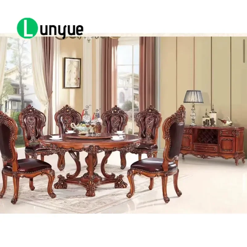 Antique Solid Wood Round Dining Table Hand Carved Royal Style 4-6 Seater Kitchen Furniture