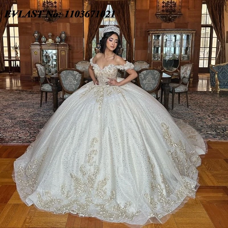 EVLAST Shiny White Ball Gown Quinceanera Dress Beaded Crystals Gold Lace Appliques Corset Sweet 16 Vestidos De XV 15 Anos SQ172