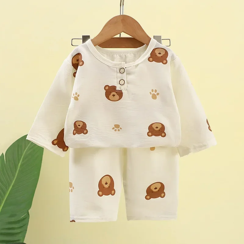

Kids Summer Thin Pajamas New 2025 Boys Girls Cartoon Bear Half Sleeve T-shirts Tops + Pants Pyjamas Baby Casual Clothing Sets