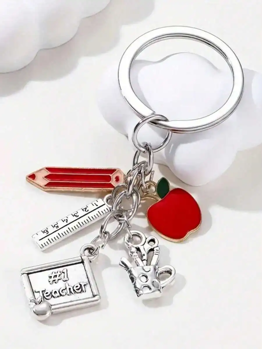 

Teacher Themed Keychain With Red Pencil Ruler And #1 Teacher Charm
