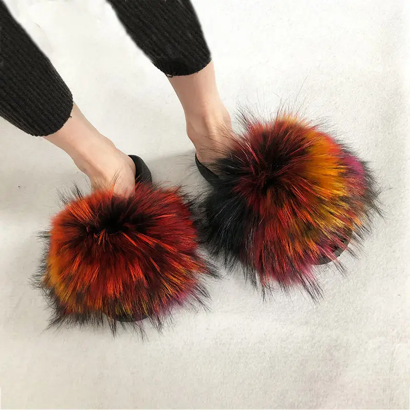 Girl Fur Slippers Summer Fly Hawaii Holiday Flat Slippers Lovely Furry Sandals Amazing Big Fur Slippers Brand Desing Shoes