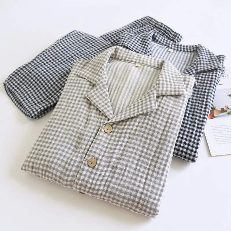 

Мужской пижамный комплект унисекс в клетку, 100% стираный хлопок, четыре слоя марли, комплект из двух предметов, мягкая дышащая одежда для дома с длинными рукавами