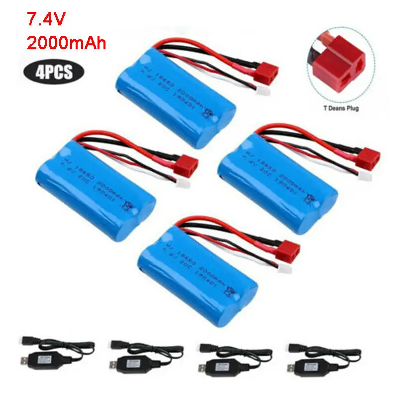 4Pcs Li-Ion Battery 7.4V 2000mAh 20C T Plug Connector w/ USB Charger for RC Car