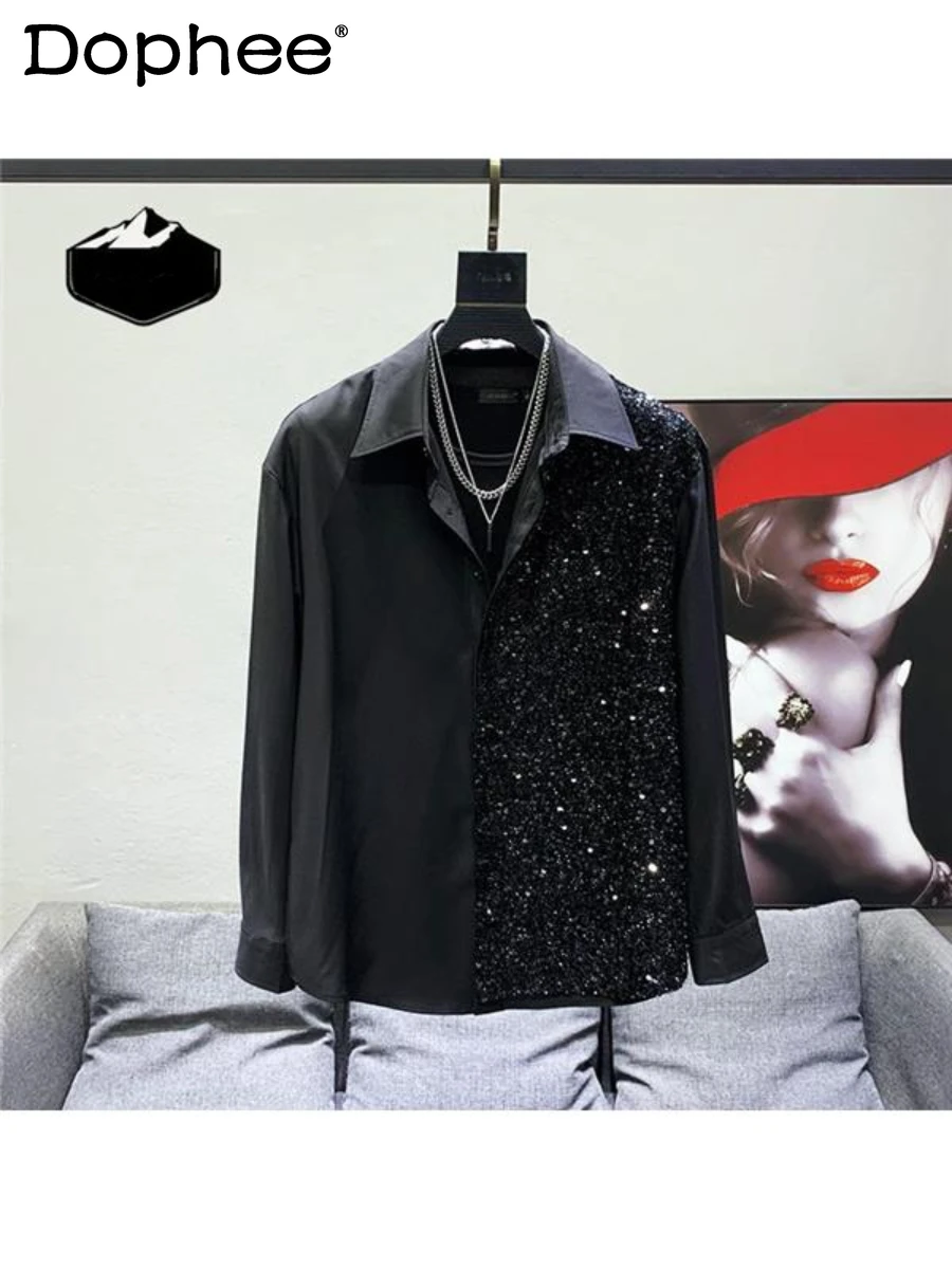 

2024 New Sequine Shirts Men's Loose All-Match Fashion High-End Handsome Solid Color Long Sleeve Single Row Multi-Buckle Shirt