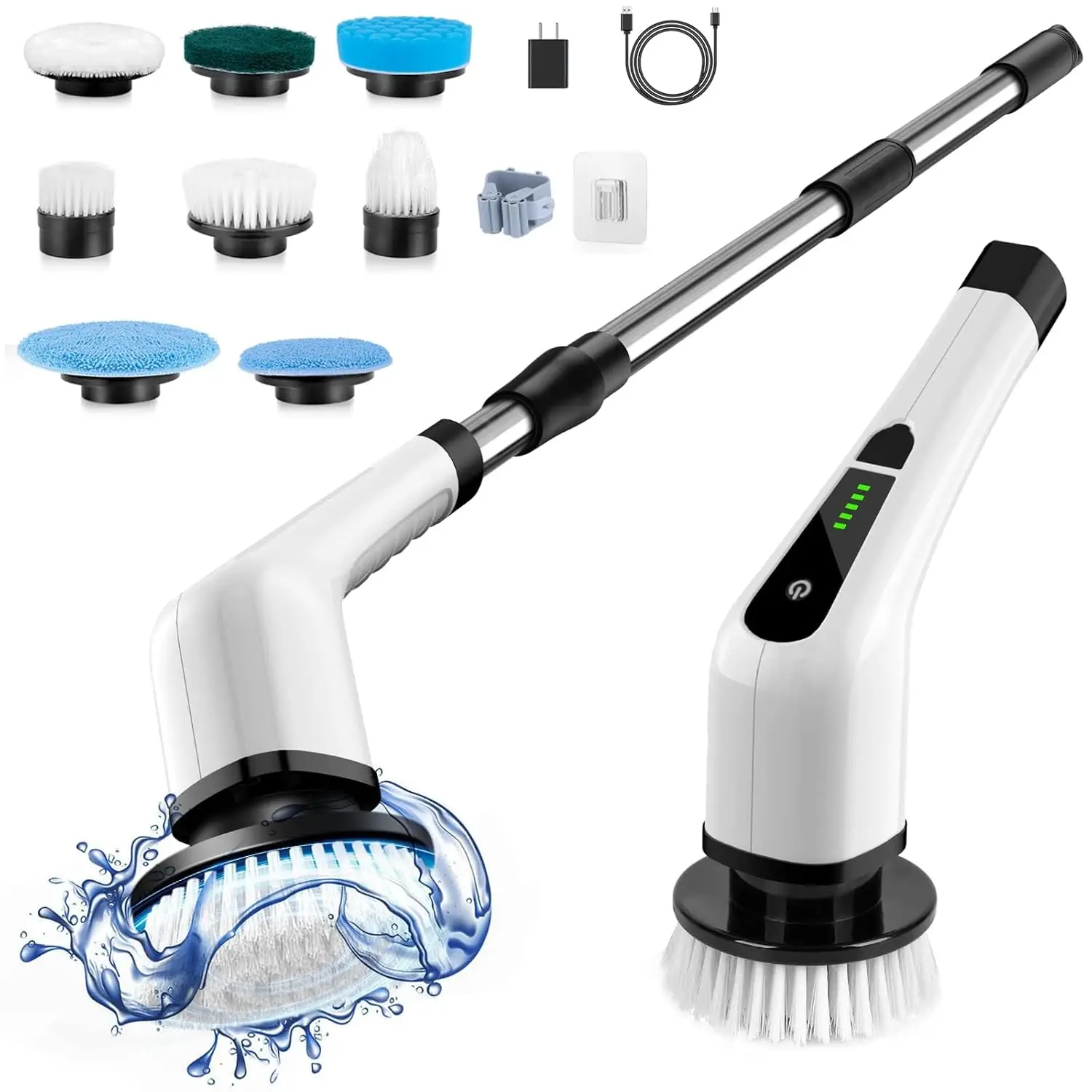 

Cordless Electric Spin Scrubber with 8 Brush Heads, 90 Min Runtime, Adjustable Length for Home Cleaning