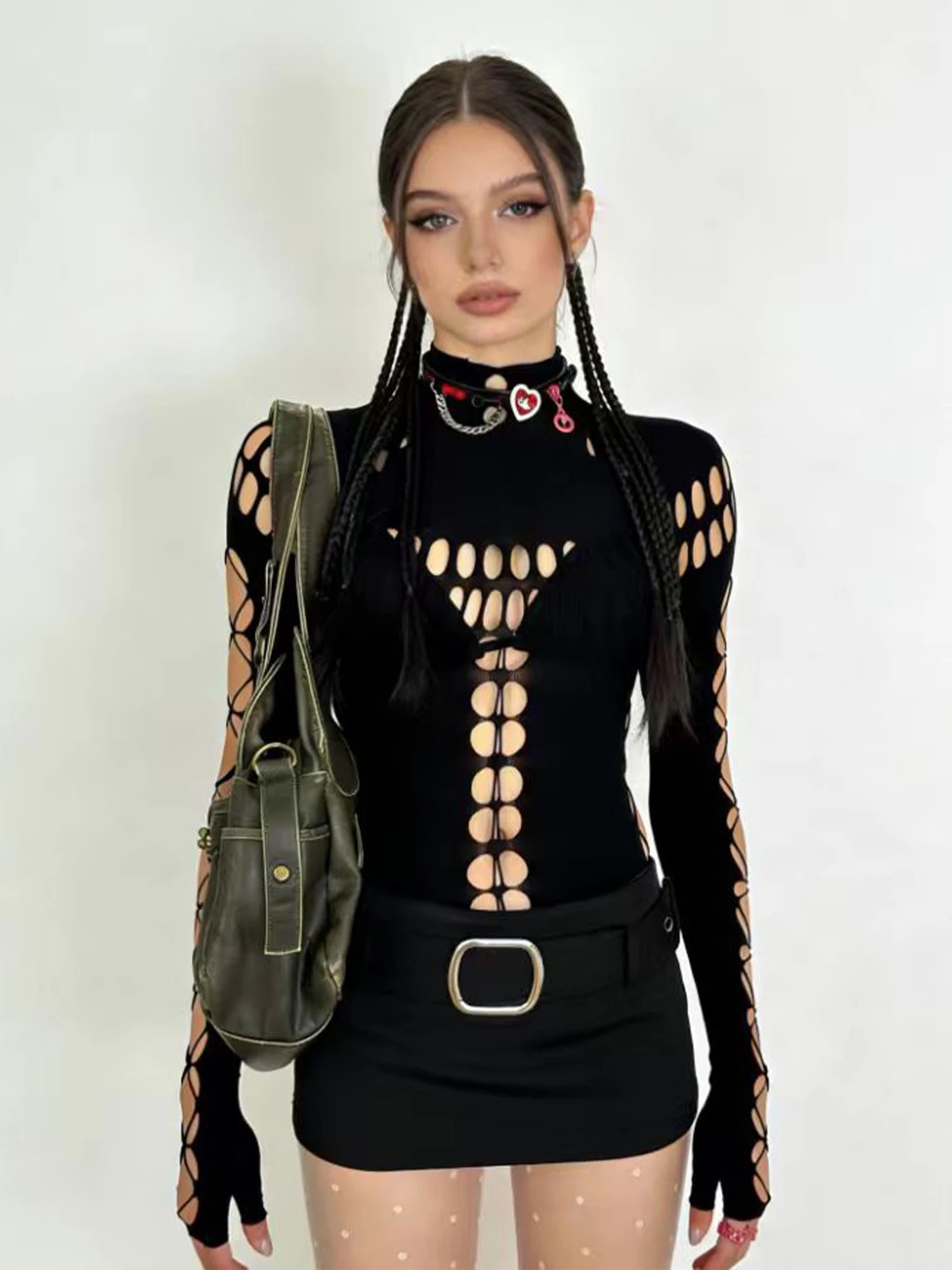 Women Black Gothic Emo Y2k E-Girl Hollow Bodysuit Long Sleeve Playsuits Streetwear Rompers Turtleneck Slim Fit Cut Out Sexy Top