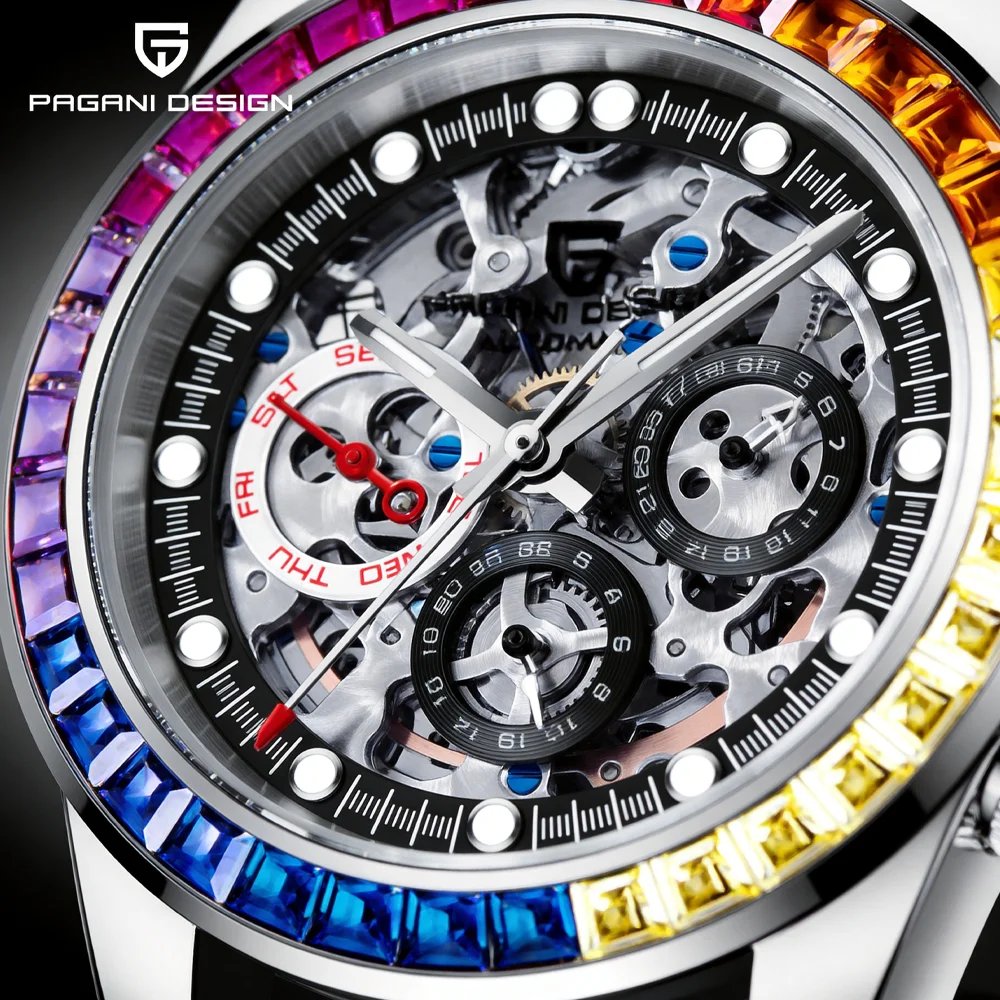 Pagani Design PD1653 Men's Automatic Mechanical Watch Rainbow Bezel 100 Meter Waterproof Sports Rubber Strap Men's Luxury Watch