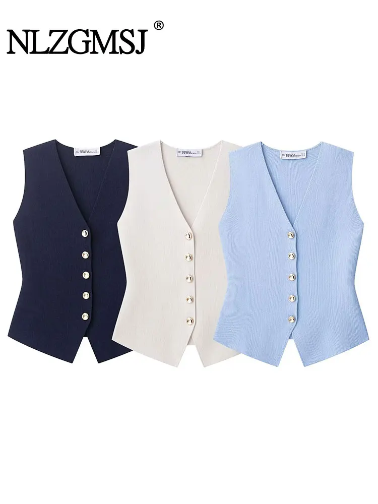 

NLZGMSJ Casual Basics Chic Women Knit Tops Solid V-Neck Button Sleeveless Straight Tops Fashion 2025 Summer Slim Vest
