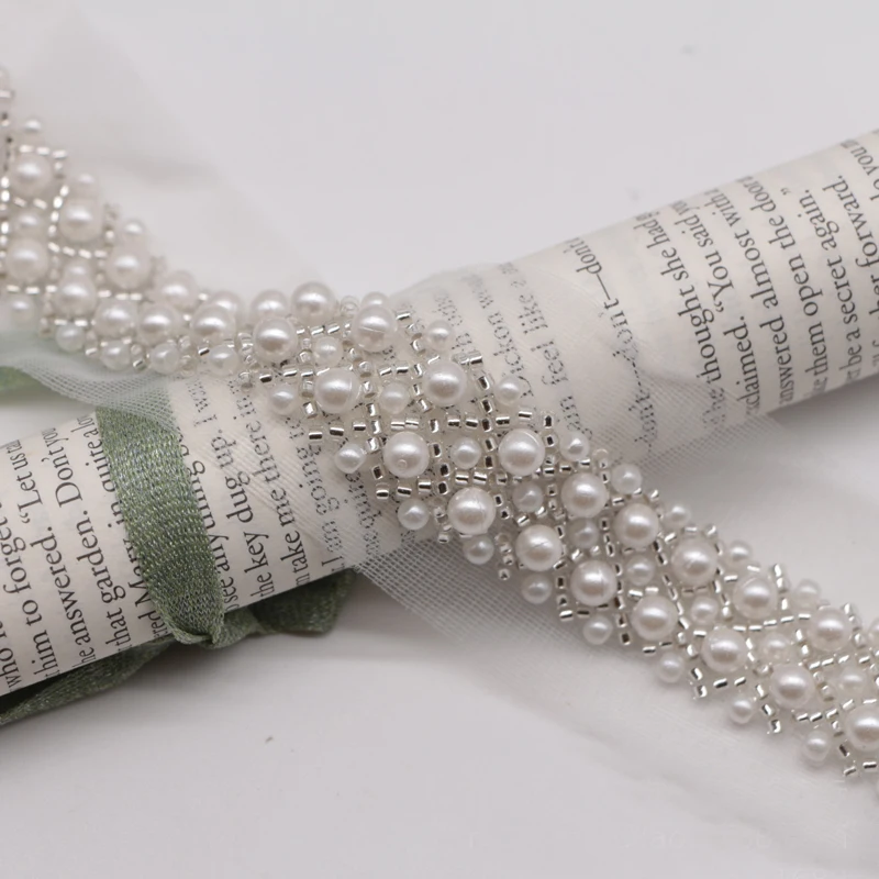 1Yard White Black Pearl Lace Beaded Trim 4.5CM Wide Embroidery on Mesh Pearl Ribbon DIY Crafts Bel Decoration Sewing Clothes