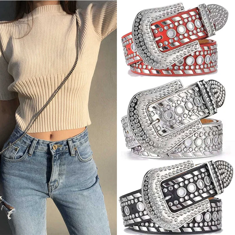 

Gothic Dark Rhinestone Belts Luxury Rivet Strap Diamond Bing Punk New Belt Western Cowboy Girls Crystal Jeans Belt