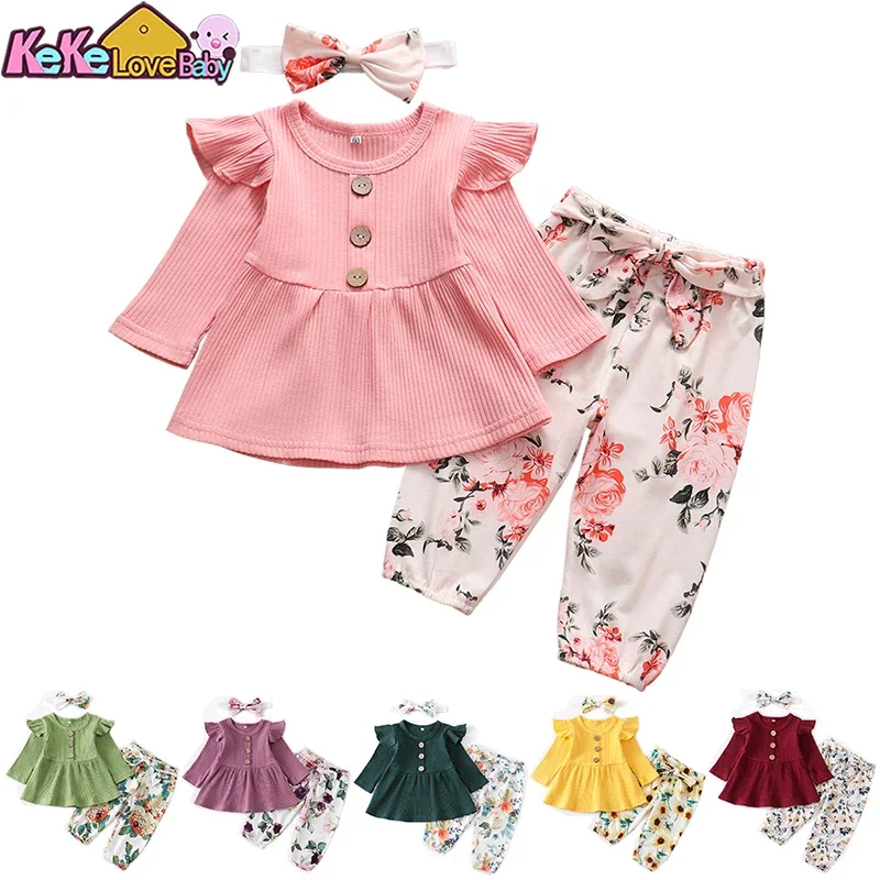 Conjunto de roupas para bebês recém-nascidos, tricô sólido, manga comprida, tops, calças com estampa floral, faixa de cabeça, 3 peças, roupas casuais infantis