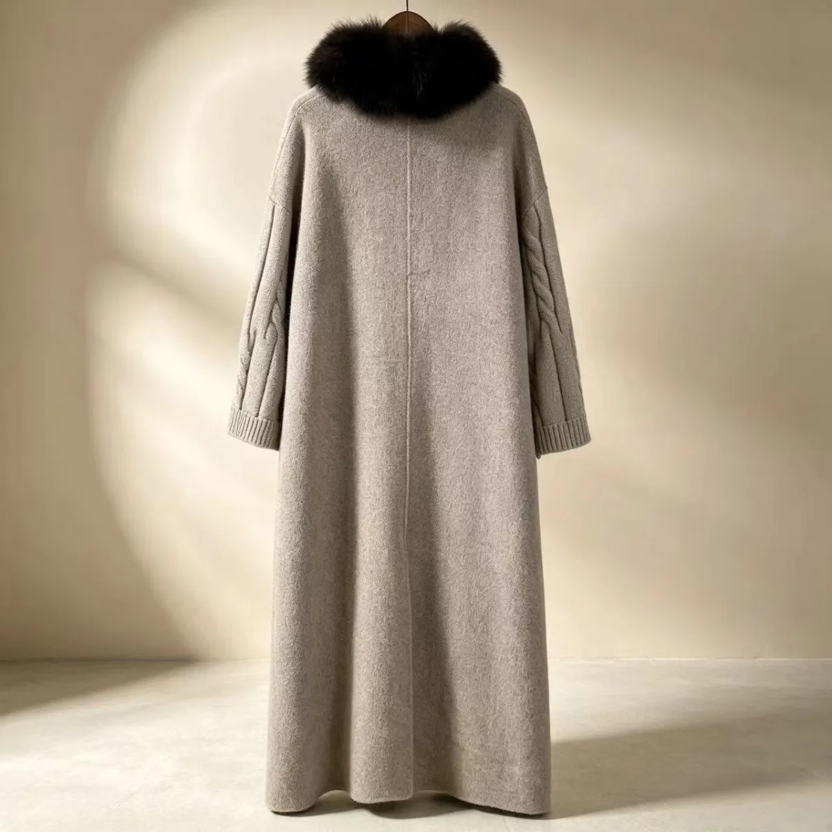 New Luxury Winter Real Natural Fox Fur Collar Woolen Blends Knit Long Overcoats Women Loose Warmth Cashmere Fur Jacket