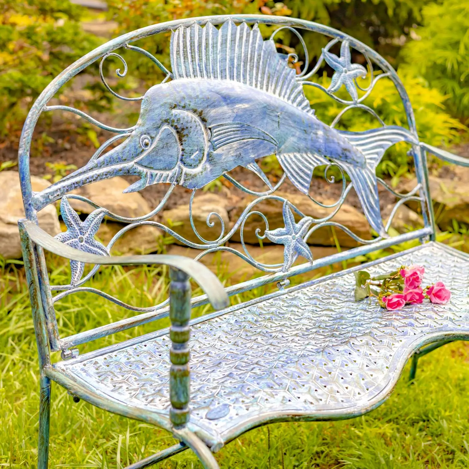 Lesera Ltd. Coastal Blue Metal Furniture Collection BenchArm Chair (Swordfish Bench)