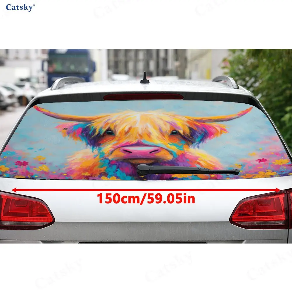 Flowers And Highland Cattle PVC Perforated Car Vinyl Wrap, Privacy Enhancing Design For Rear Window, Car Rear Windshield Sticker