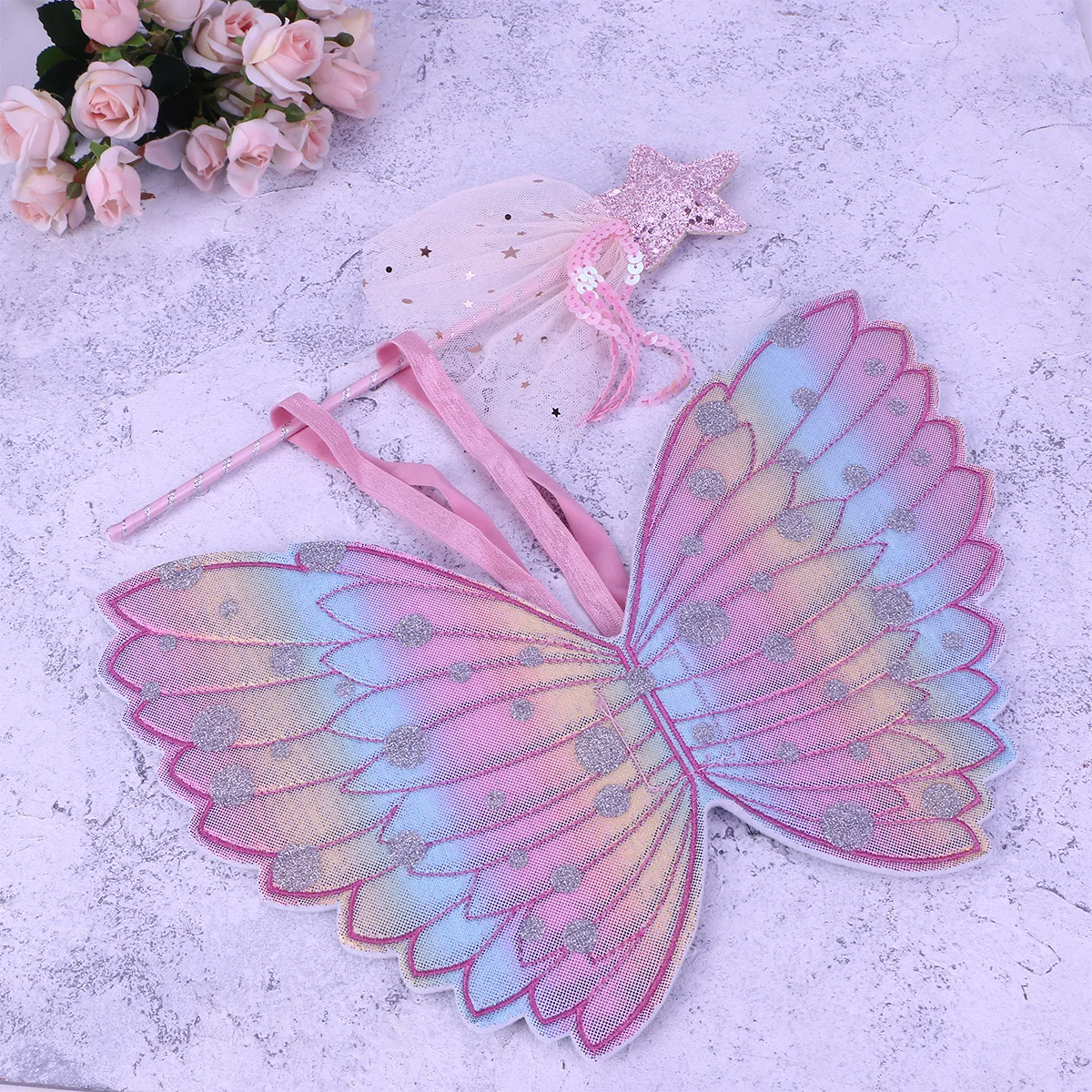 2 szt. Zestaw do cosplayu, jasnoróżowe skrzydła i różdżki dla dzieci, na występy, imprezy, urodziny, na scenę, akcesoria dla dzieci, różdżki