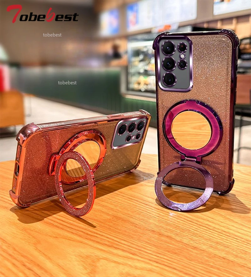 حافظة مطلية مقاومة للصدمات لهاتف سامسونج جالاكسي S25 S24 S23 S22 S21 S20 FE Ultra Plus 5G غطاء حامل مغناطيسي مرآة