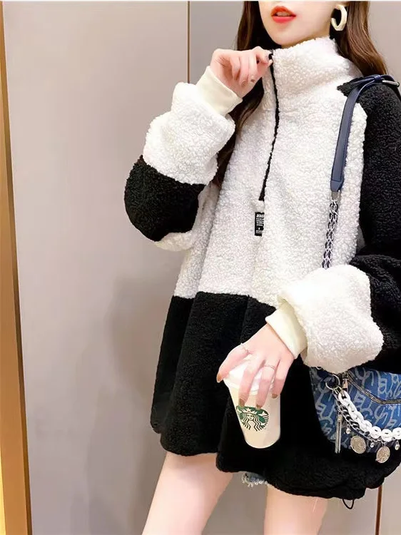 

Korean Sle Women's Fce Lined Thiened Lamb Fur Sweatirt Loose Stand Collar Autumn Winter Outerwear Casual Streetwear