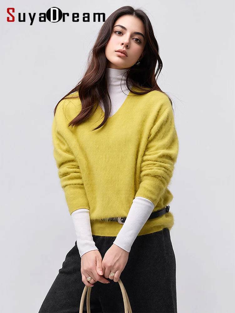 SuyaDream, Elegant Lazy Fit Women Brushed Wool Knit Sweater, V-Neck Solid Color Soft Fuzzy Pullover for Autumn Winter Daily Wear