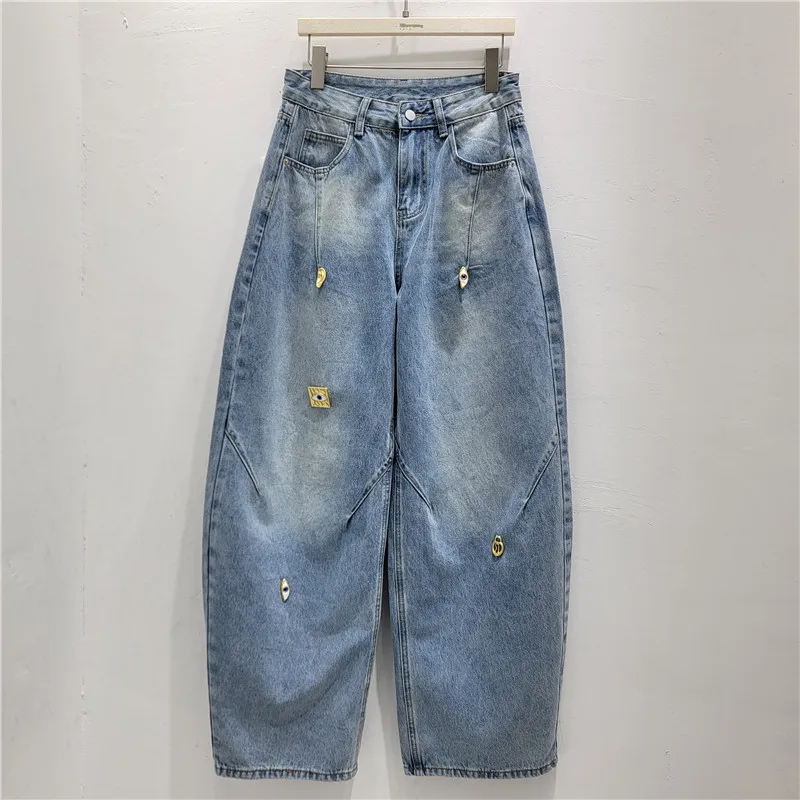 

Spring Handmade Metal Buckle Decorated Mid-Waist Wide-Leg Curved Light Blue Washed Denim Casual Pants
