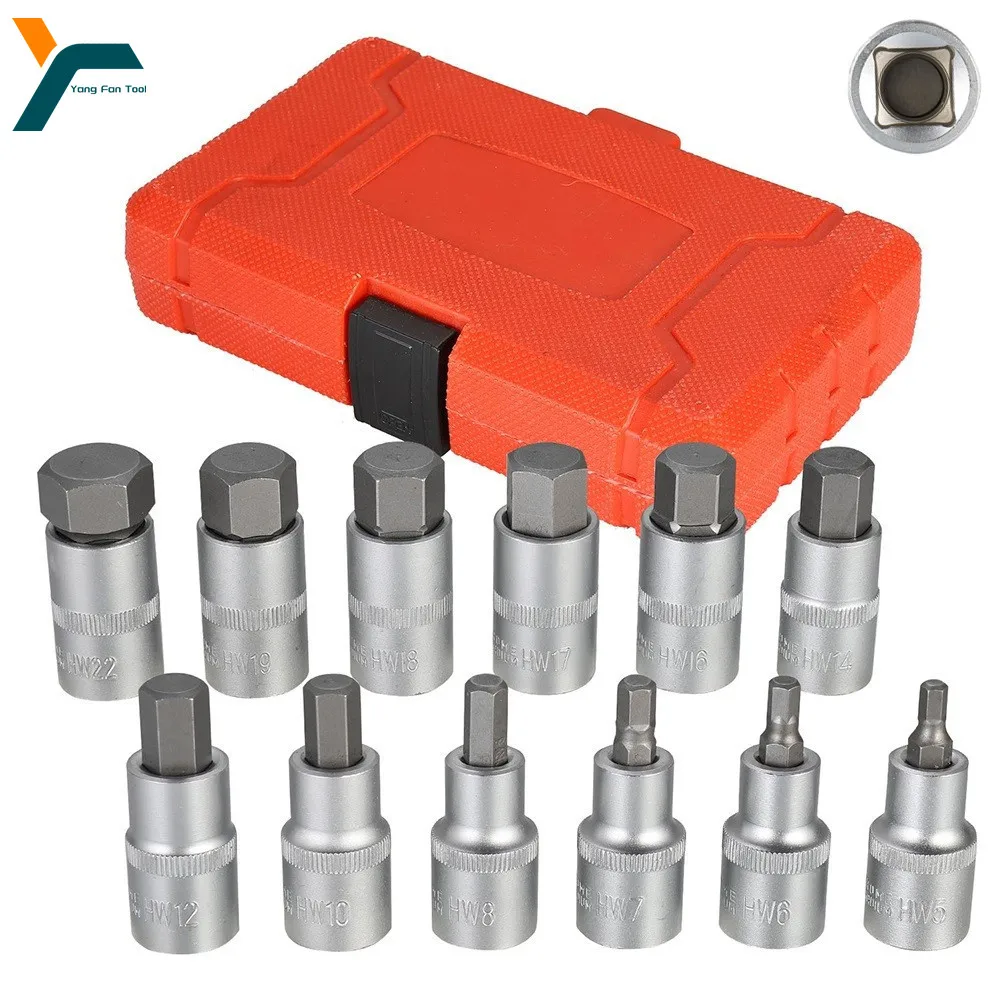 12Pcs Square Batch Sleeve 1/2\'\' Socket Wrench Drive Impact Hex Bit Set H5 H6 H7 H8 H10 H12 H14 H16 H17 H18 H19 H22 Hand Key Set