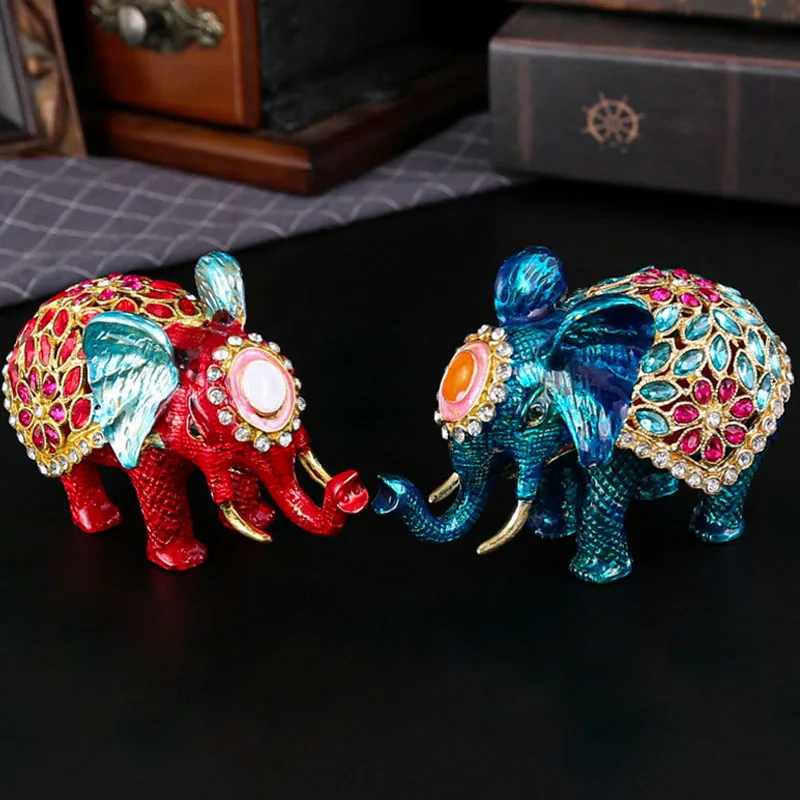 Enamel Lucky Elephant Trinket Box Vintage Hand Painted Ring Jewelry Organizer Figurine Collectible Keepsake Home Decor