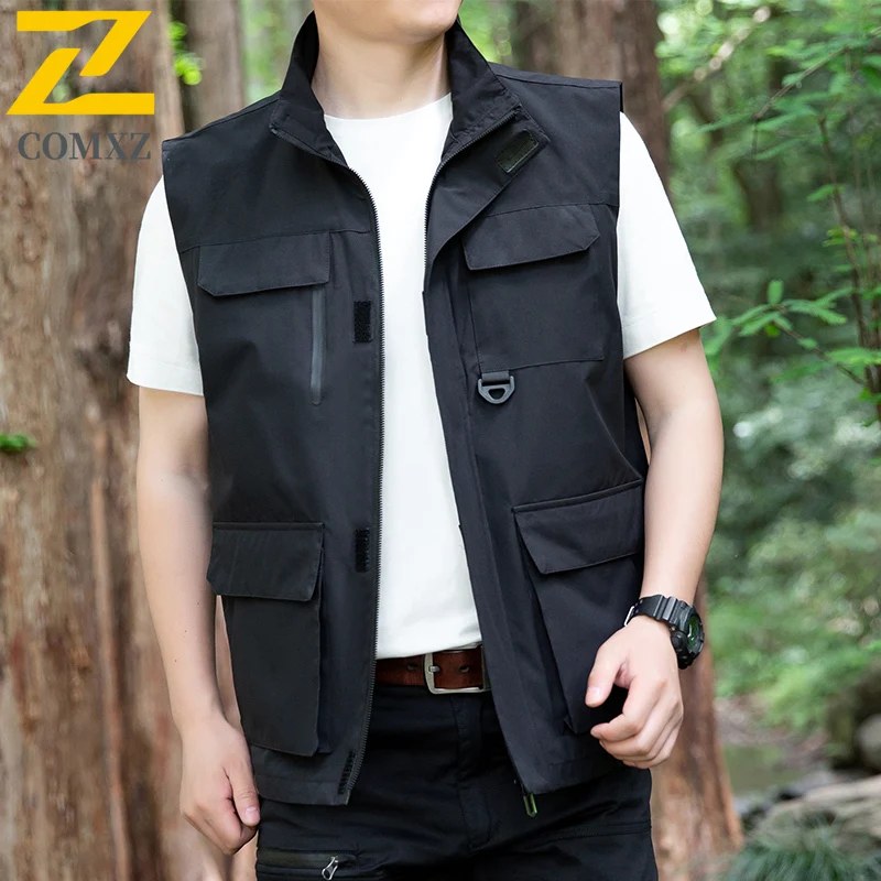 

2025 New Men Stand-up Collar Vest Lightweight Breathable Multi Pocket Workwear Sleeveless Coat Outdoor Camp Hiking Men Clothing
