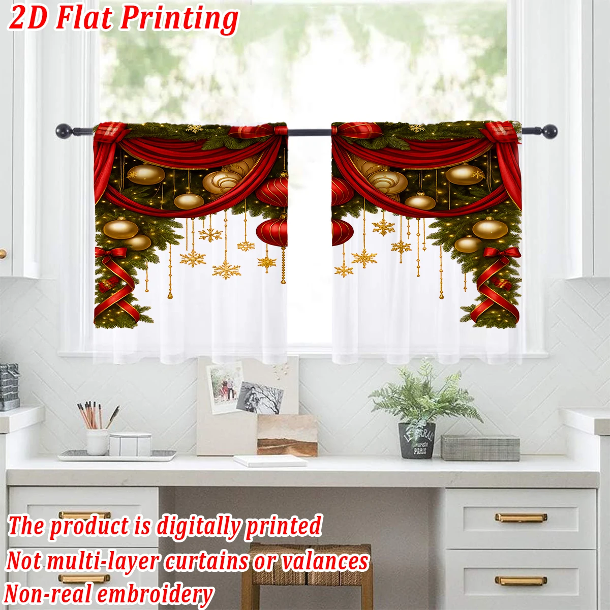 Christmas Flat Printing Kitchen Sheer Curtain with Merry Christmas Ball Snowflake Pine Branch For Christmas Home Decor  Party