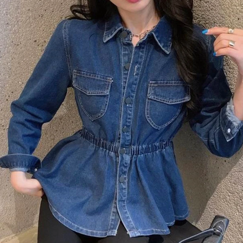 

Женская джинсовая рубашка с эластичной резинкой на талии, весна-осень, новый стиль, однобортная рубашка, уникальный топ с отложным воротником