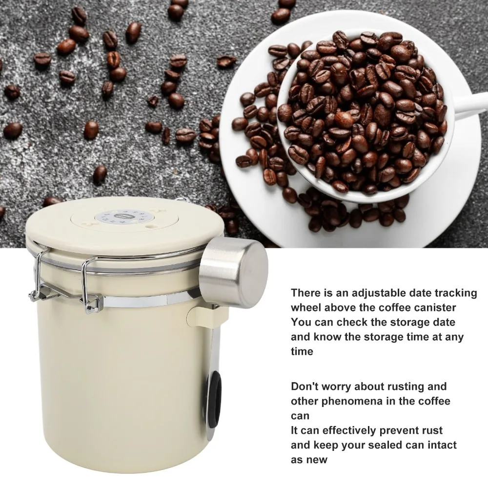 Vacuum Seal Airtight Coffee Canister With Scoop Airtight Lid Coffee Bean Storage Container White Finish Stainless Steel Body