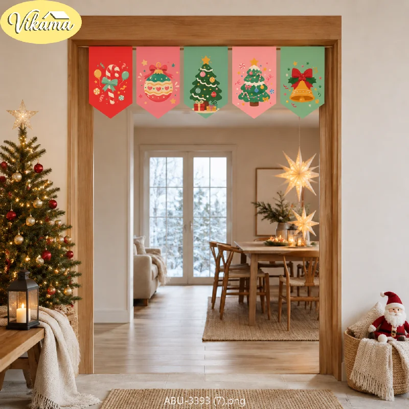 VIKAMA Cute Macaron Christmas Tree Triangle Banners, Winter Christmas Triangle Banner Curtain, Doorframe Home Decor