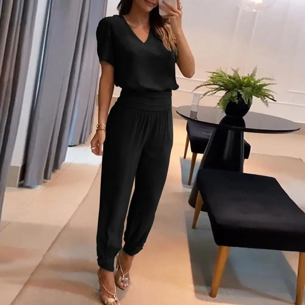 2Pcs/Set Women Outfit V-neck Short Sleeve Lady Outfit High Waist Pockets Outfit Cropped T-shirt Wide Leg Pants Set Streetwear