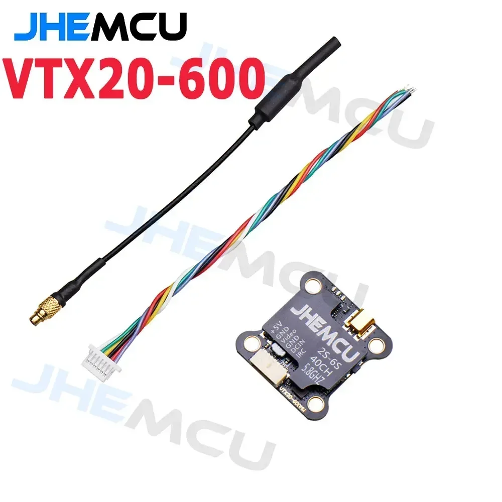 JHEMCU VTX20-600 5.8G 40CH PitMode 25mW 100mW 200mW 400mW 600mW VTX ajustável 7-26V 20X20mm para drones de corrida RC FPV